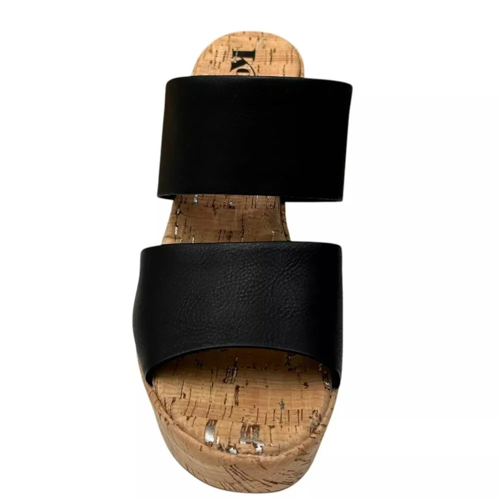 Korks Dezi Womens Cork Platform Sandal Size 9 Black/Tan Strappy Style Block Heel